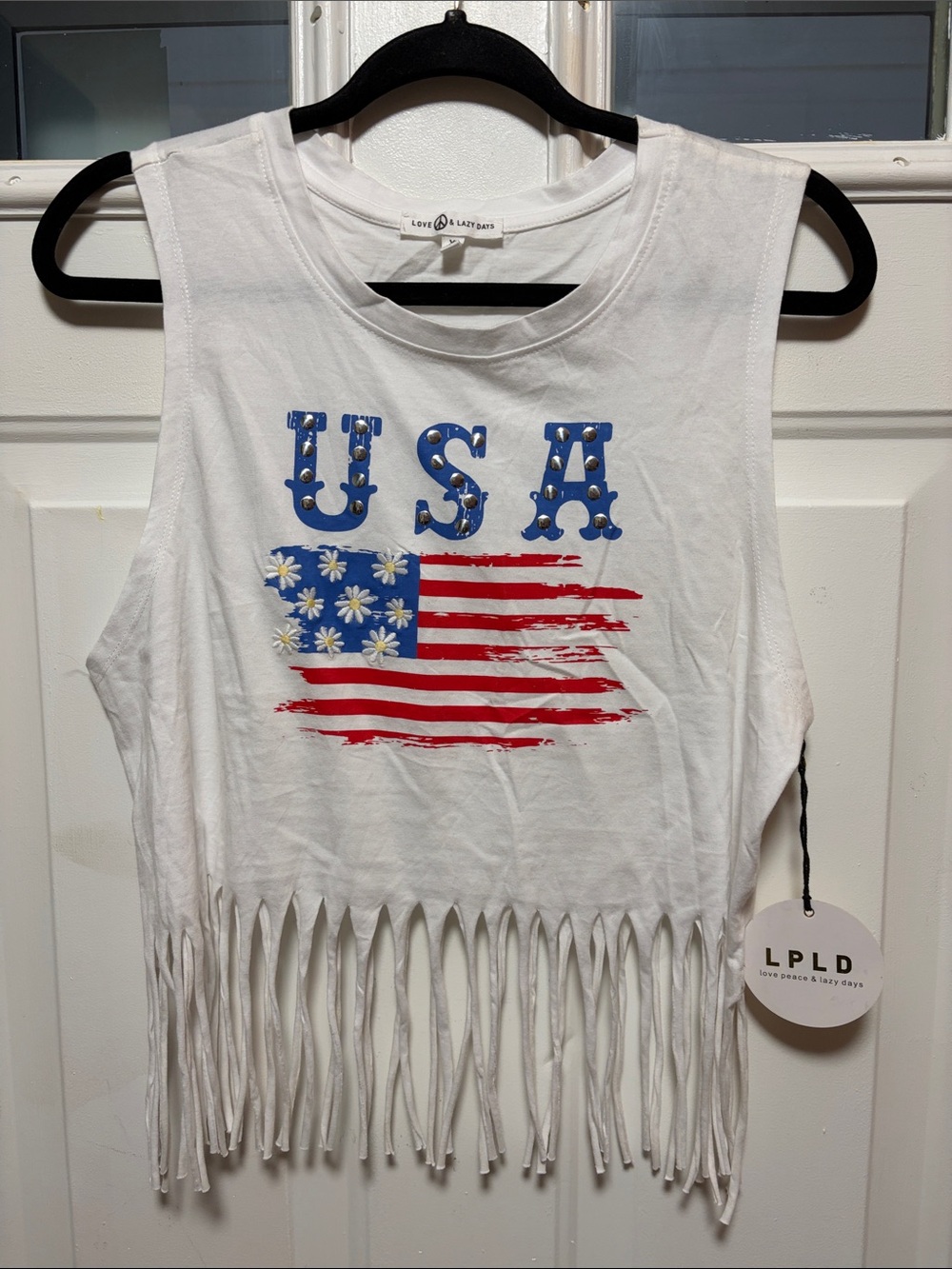 White Fringe USA Graphic Tank Top